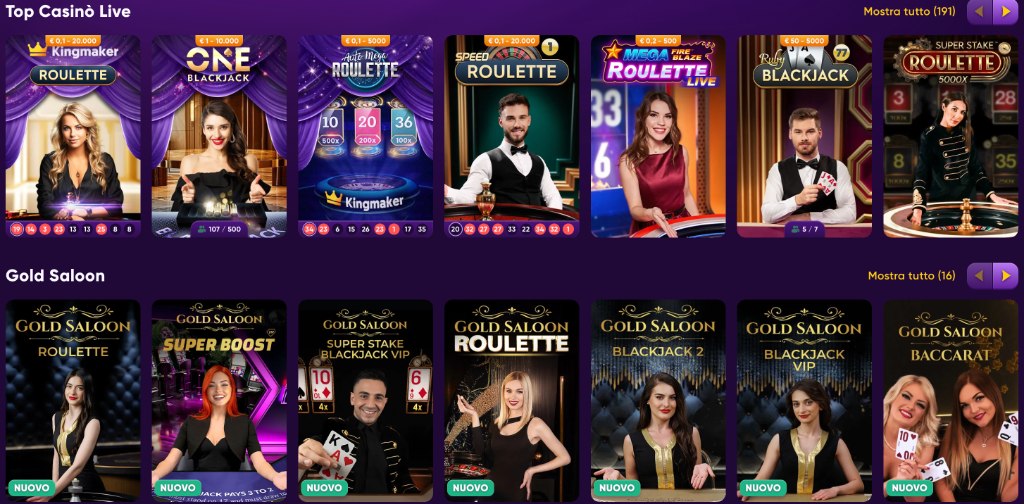 Tavoli live: Roulette, One Blackjack, Speed Roulette, Gold Saloon VIP
